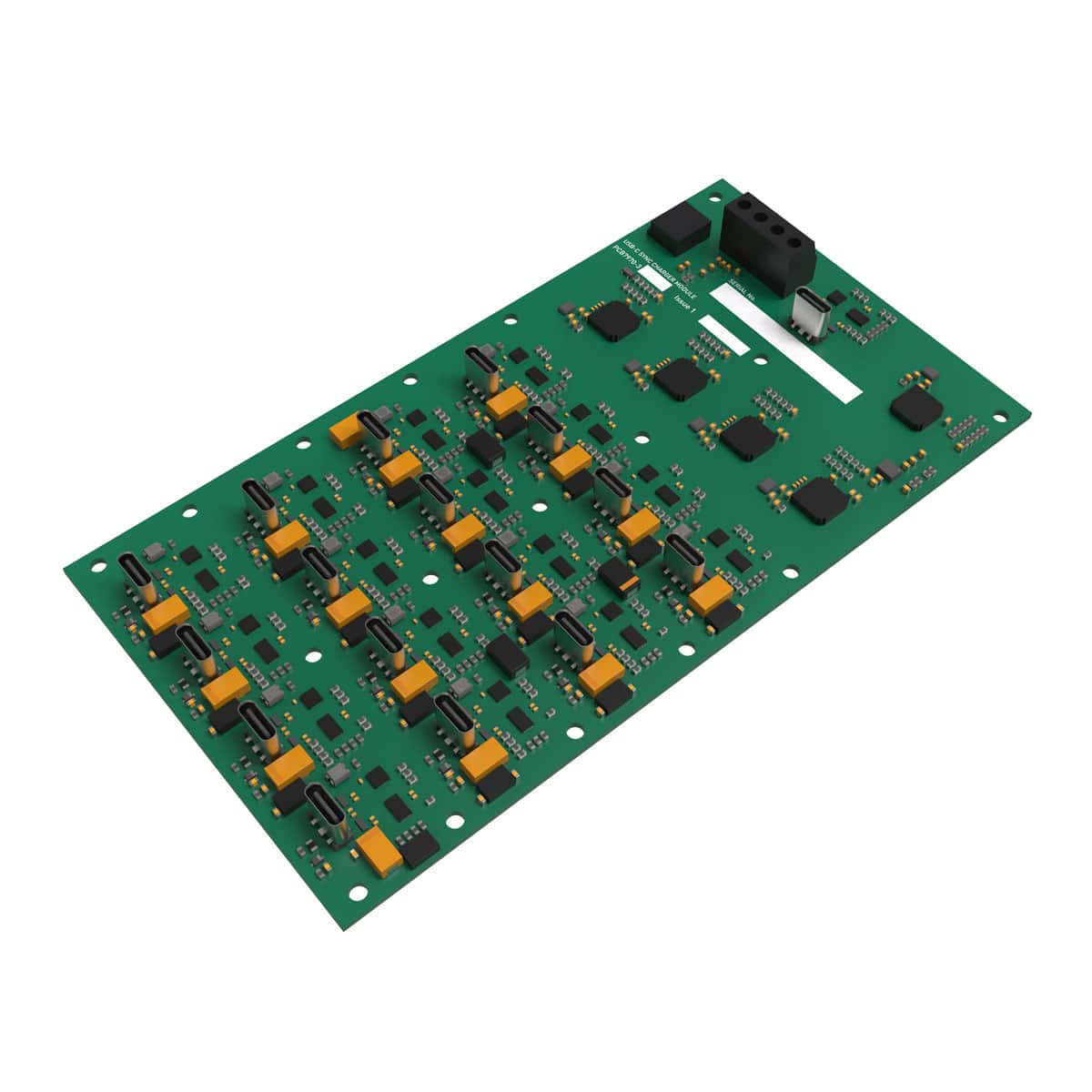Angled render of the ChargeBus UB16-C/5G 16-port USB-C charge and sync board