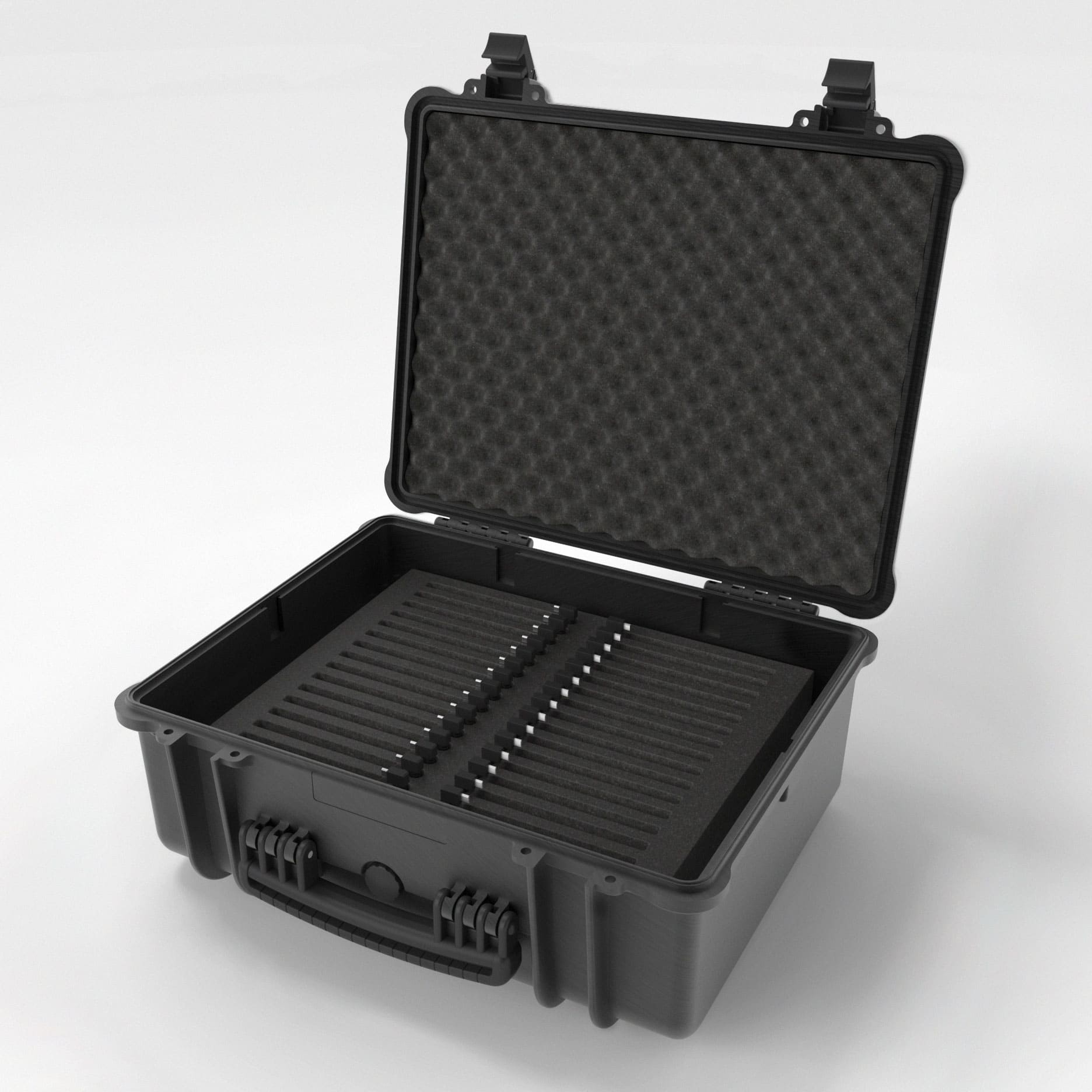 Open rugged charging case with CNC-cut foam device slots