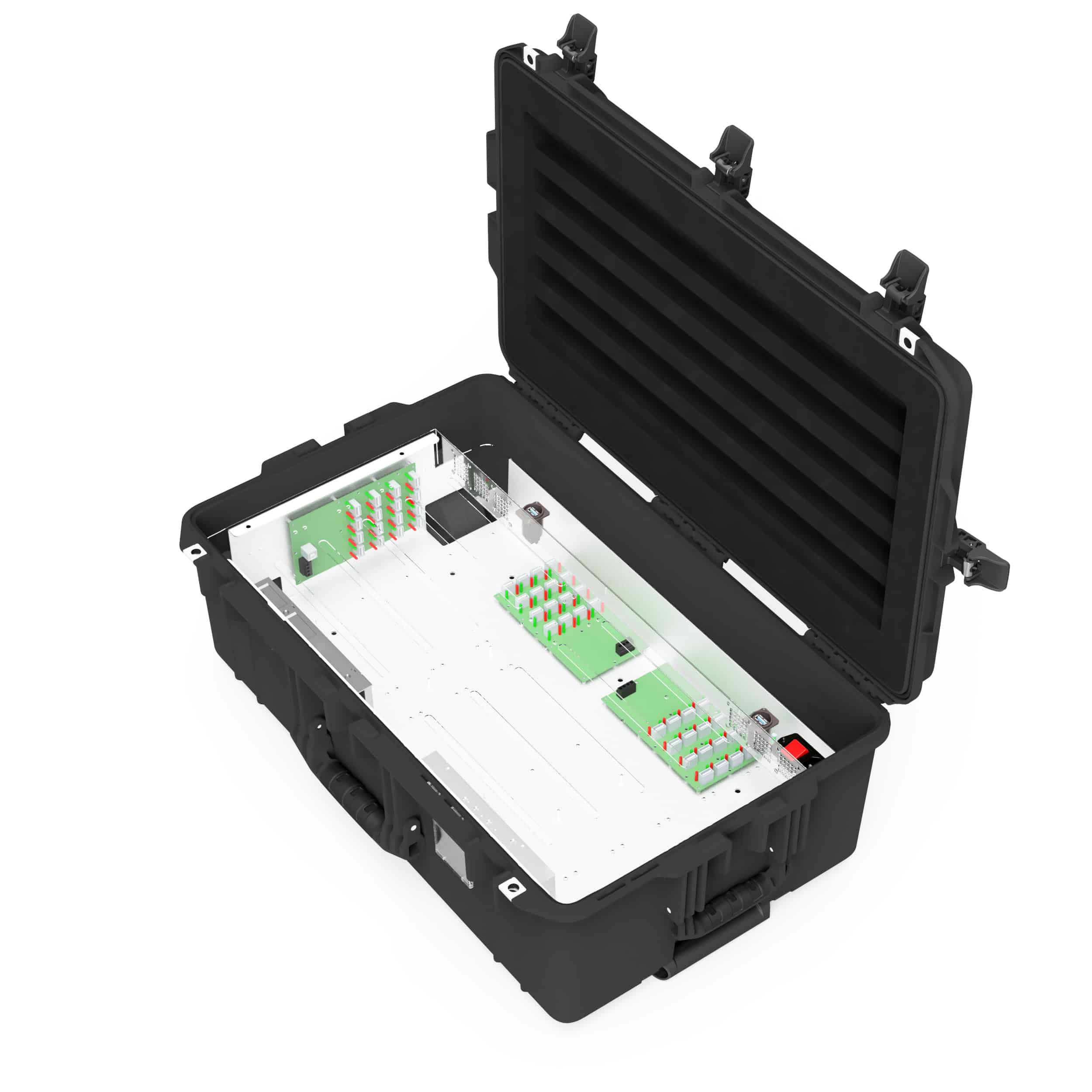 3D render of charging electronics integrated into an open rugged case