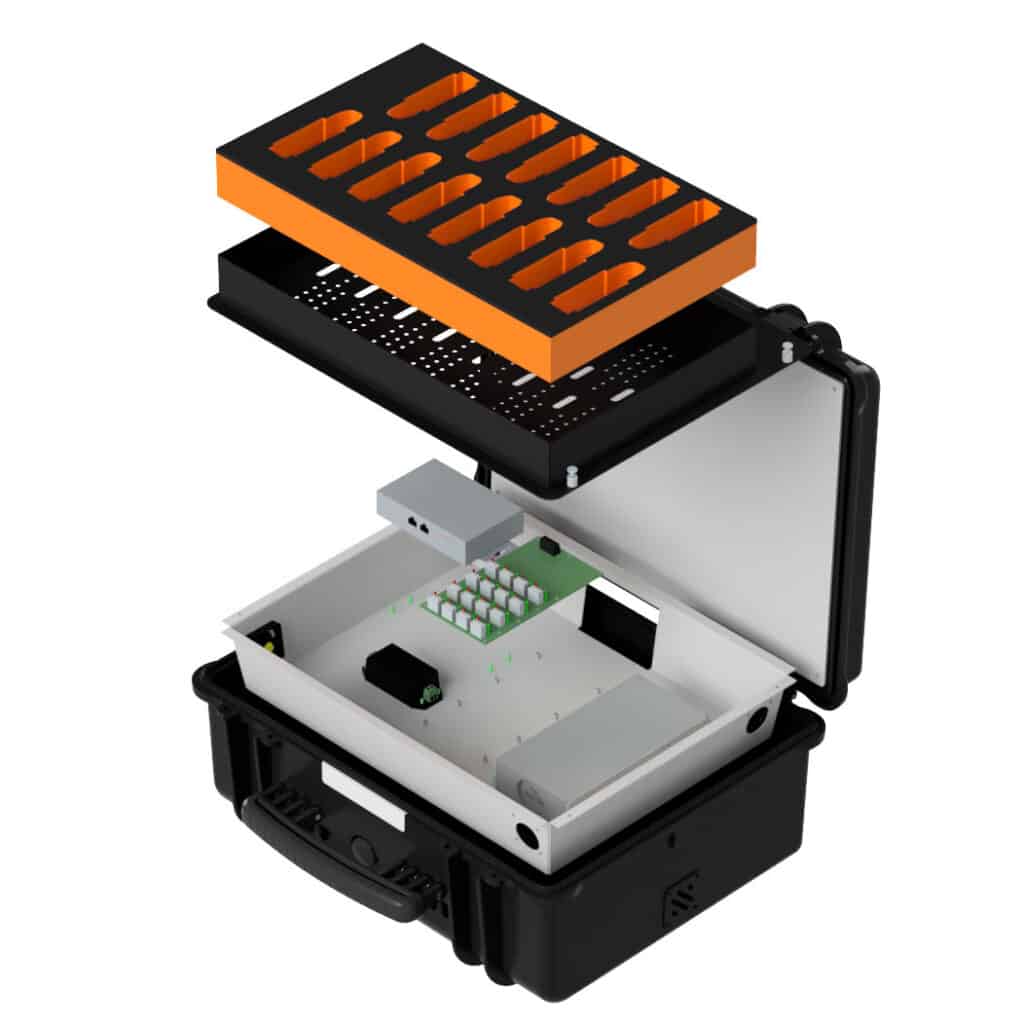 Exploded view of a custom multi-device charging case