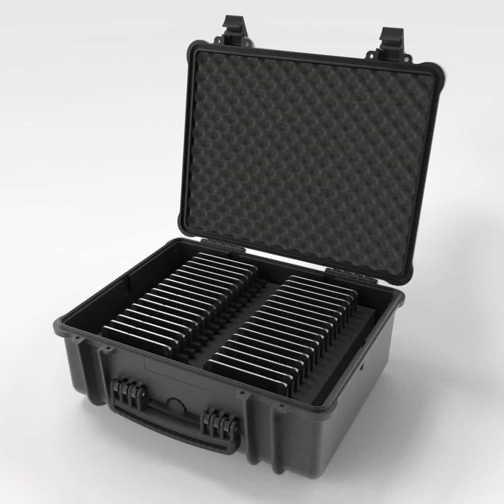 Open portable charging case holding multiple mobile phones