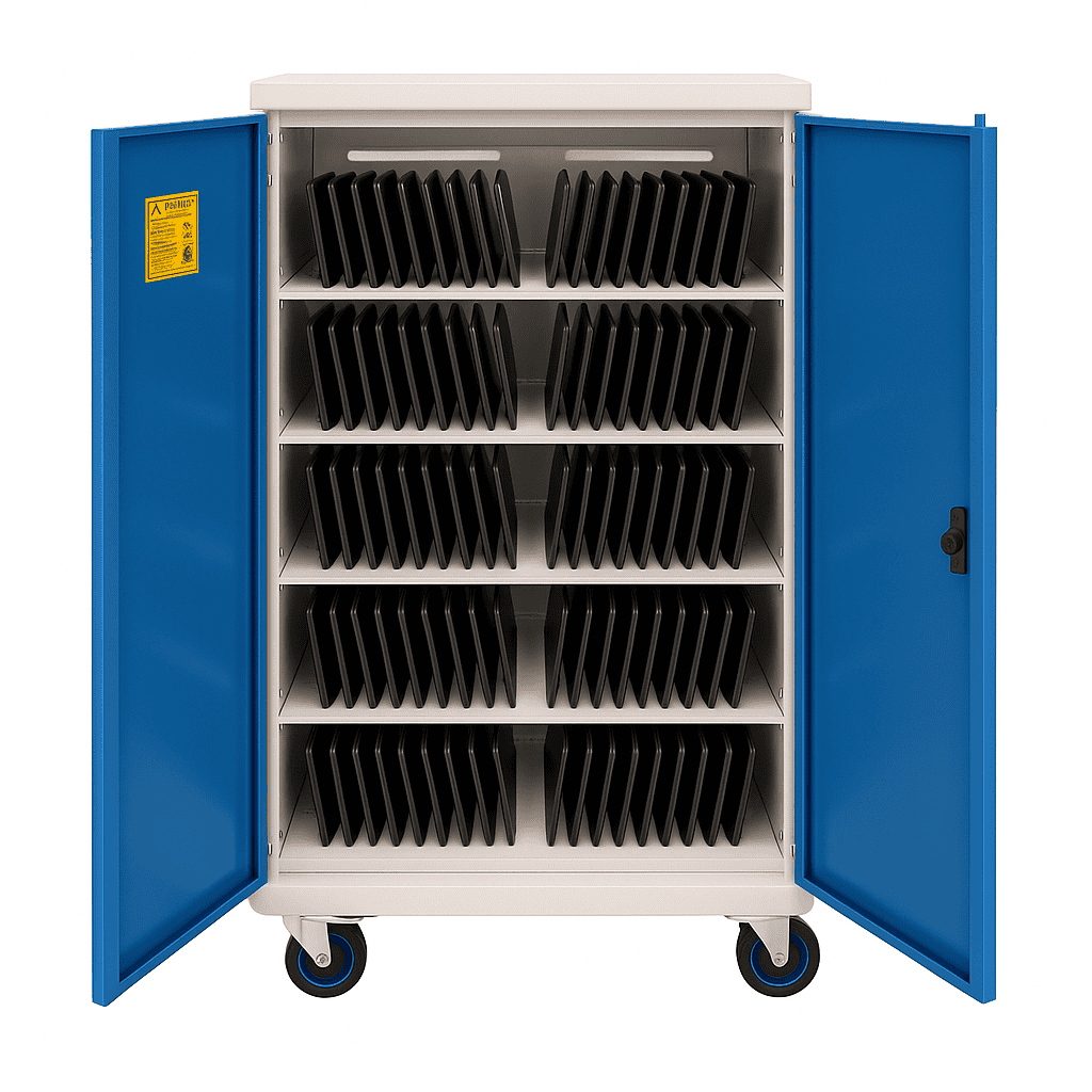 Secure tablet charging cabinet with open doors and multiple shelves