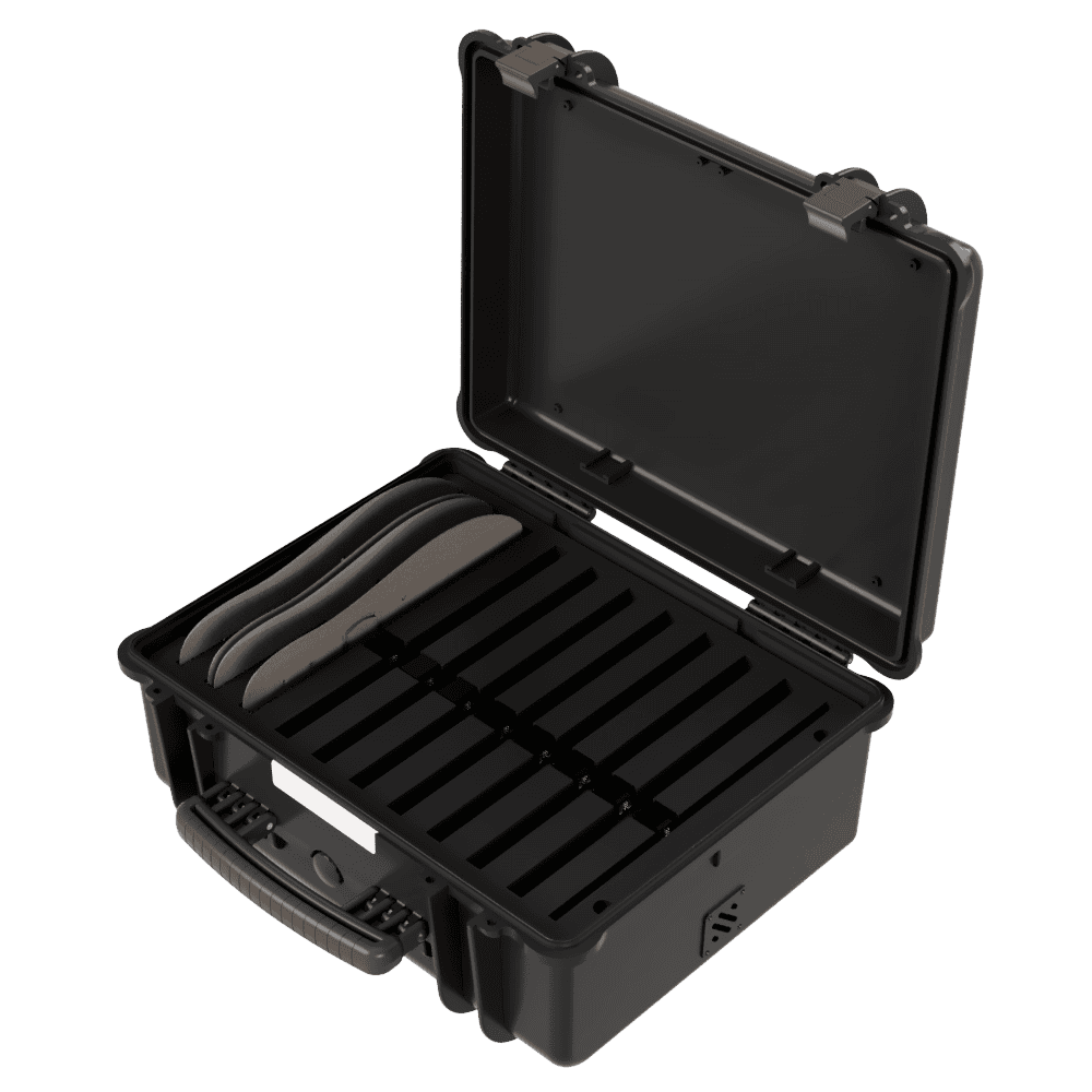 Open rugged charging case designed for multiple smart insoles