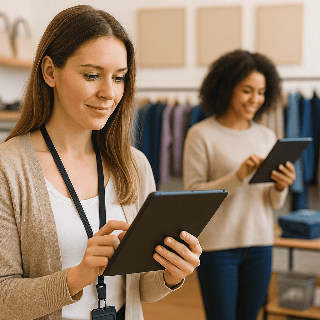Retail staff using tablets in a clothing store