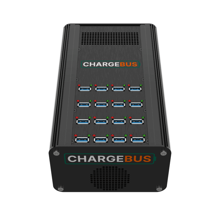 Angled front view of the ChargeBus Power 16 desktop charger with 16 USB-A ports