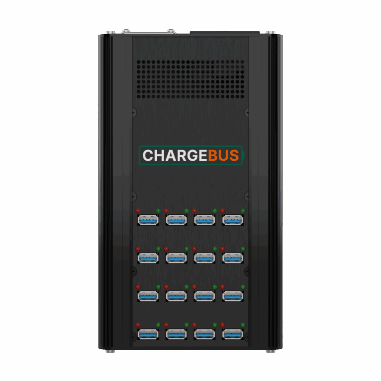 Front view of the ChargeBus Power 16 desktop charger with 16 USB-A ports