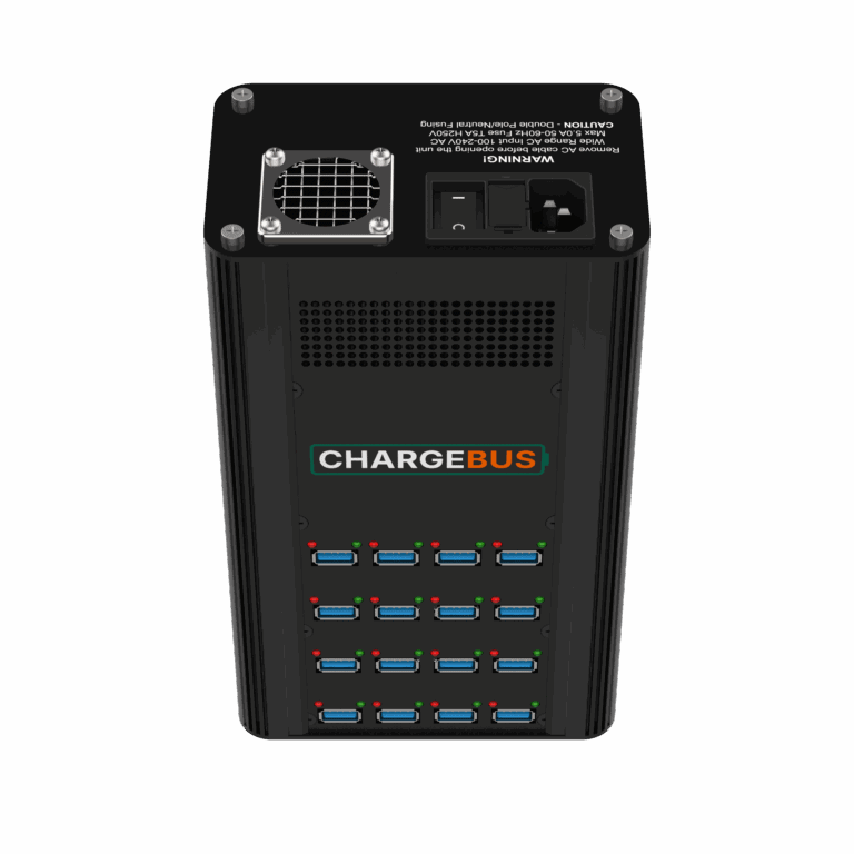 ChargeBus Power 16 showing its power input, cooling fan and 16 USB-A ports