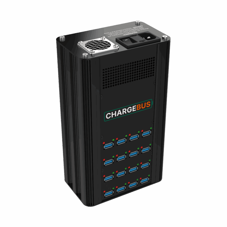 Angled side view of the ChargeBus Power 16 desktop charger with 16 USB-A ports