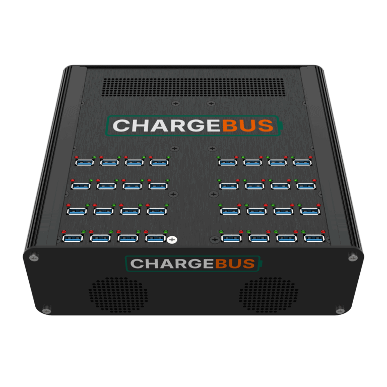 Angled front view of the ChargeBus Power 32 desktop charger with 32 USB-A ports