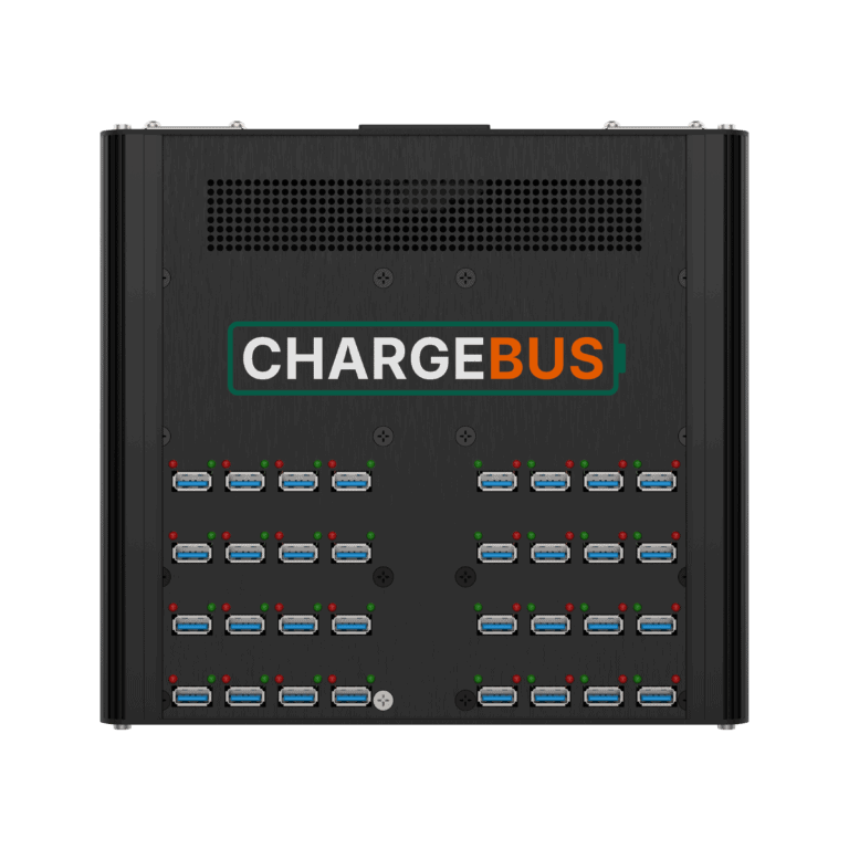 Front view of the ChargeBus Power 32 desktop charger with 32 USB-A ports