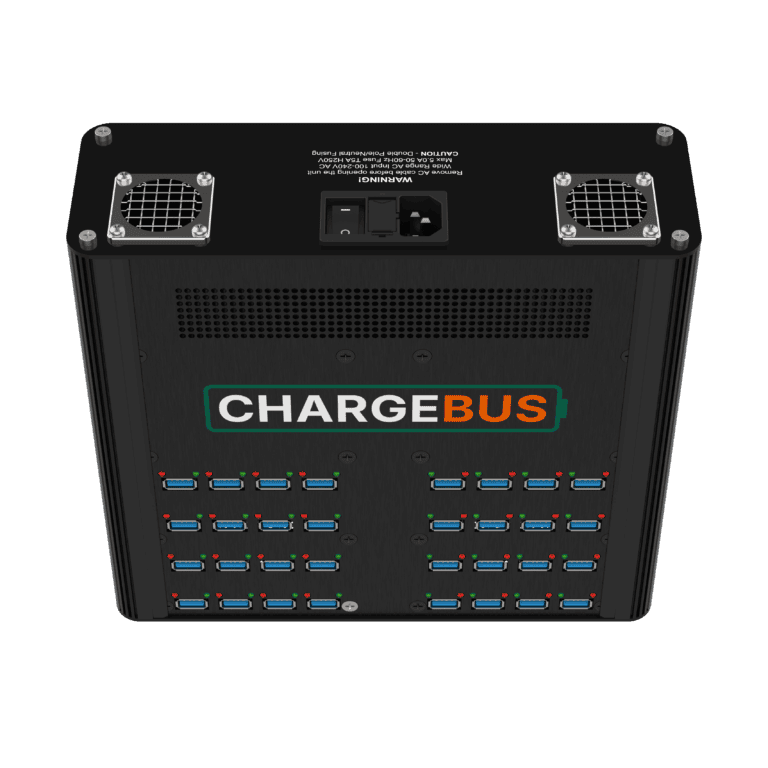 ChargeBus Power 32 showing its power input, cooling fans and 32 USB-A ports