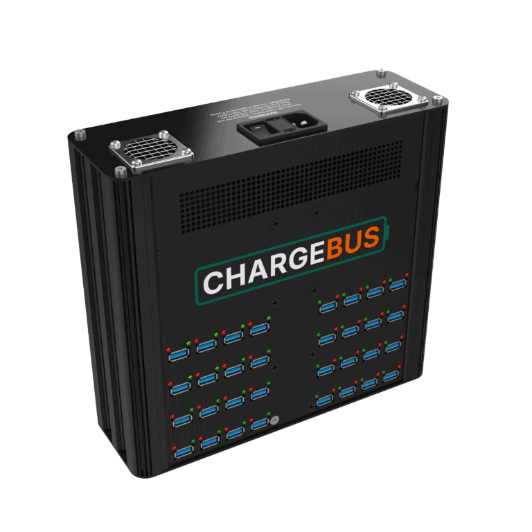 Angled side view of the ChargeBus Power 32 desktop charger with 32 USB-A ports