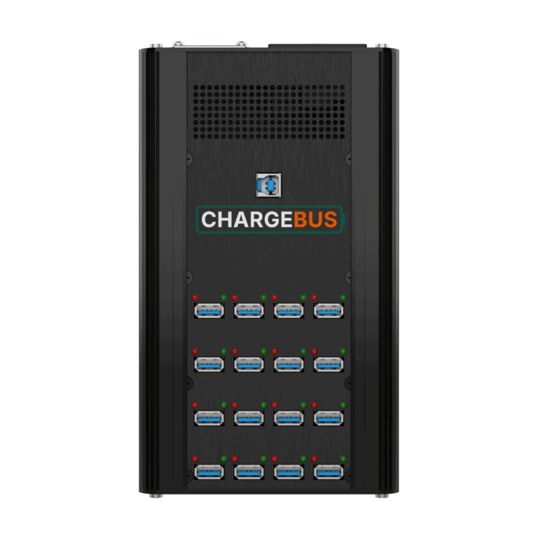 Front view of the ChargeBus Sync 16 desktop system with 16 USB-A charge and sync ports