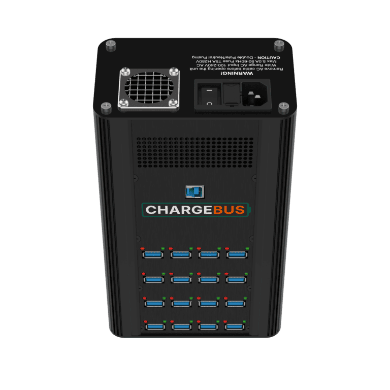 ChargeBus Sync 16 showing its power input, cooling fan, host connection and 16 USB-A ports