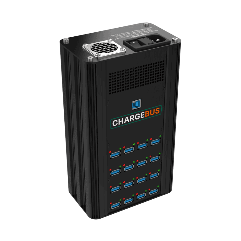 Angled side view of the ChargeBus Sync 16 desktop charge and sync system