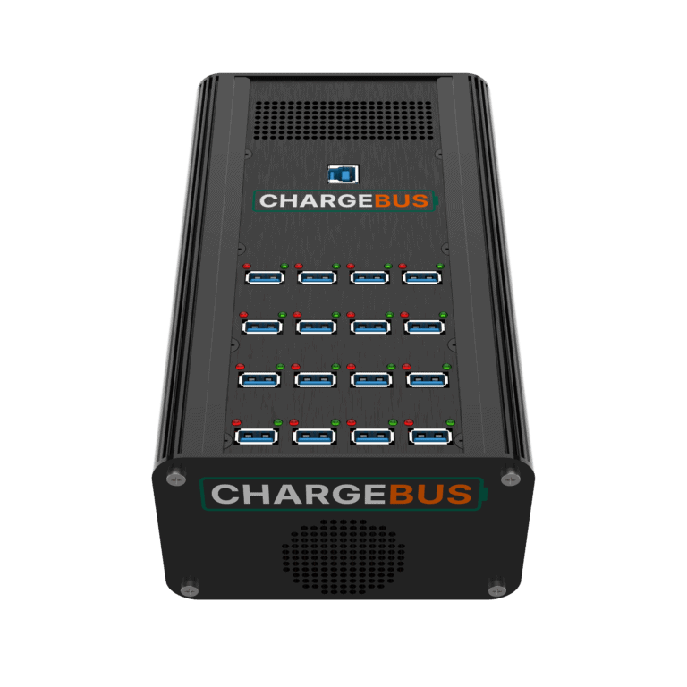 Angled front view of the ChargeBus Sync 16 desktop system with 16 USB-A ports