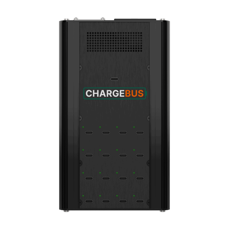Front view of the ChargeBus Sync 16 desktop system with 16 USB-C charge and sync ports
