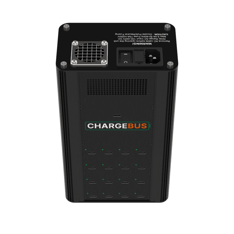 ChargeBus Sync 16 USB-C system showing its power input, cooling fan and 16 device ports