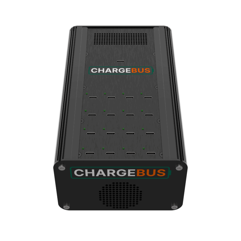 Angled front view of the ChargeBus Sync 16 desktop system with 16 USB-C ports