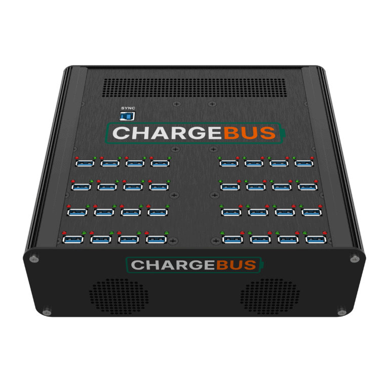 Angled front view of the ChargeBus Sync 32 desktop system with 32 USB-A ports