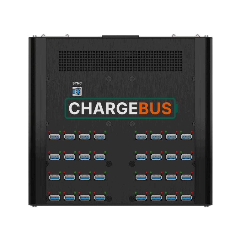Front view of the ChargeBus Sync 32 desktop system with 32 USB-A charge and sync ports