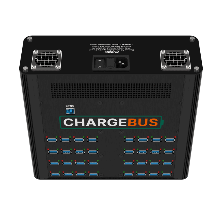 ChargeBus Sync 32 showing its power input, cooling fans, host connection and 32 USB-A ports