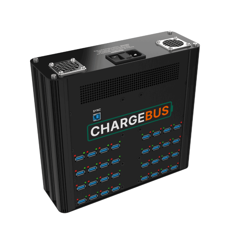 Angled side view of the ChargeBus Sync 32 desktop charge and sync system