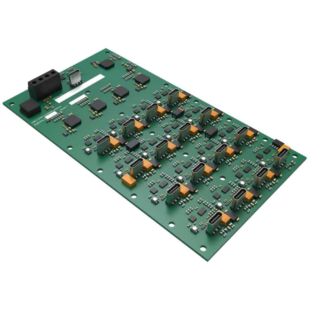 Alternate angled render of the ChargeBus 16-port USB-C charge and sync board