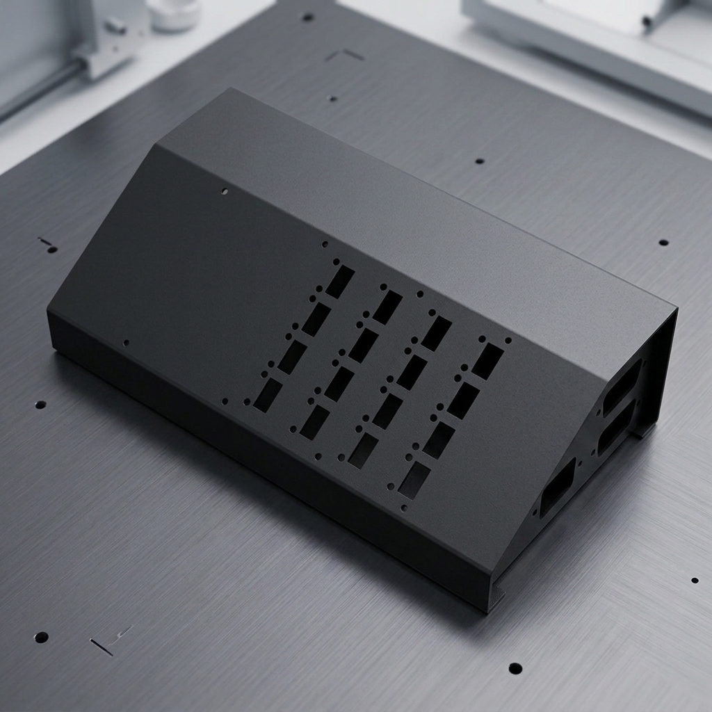 Custom black metal electronics enclosure with connector cut-outs
