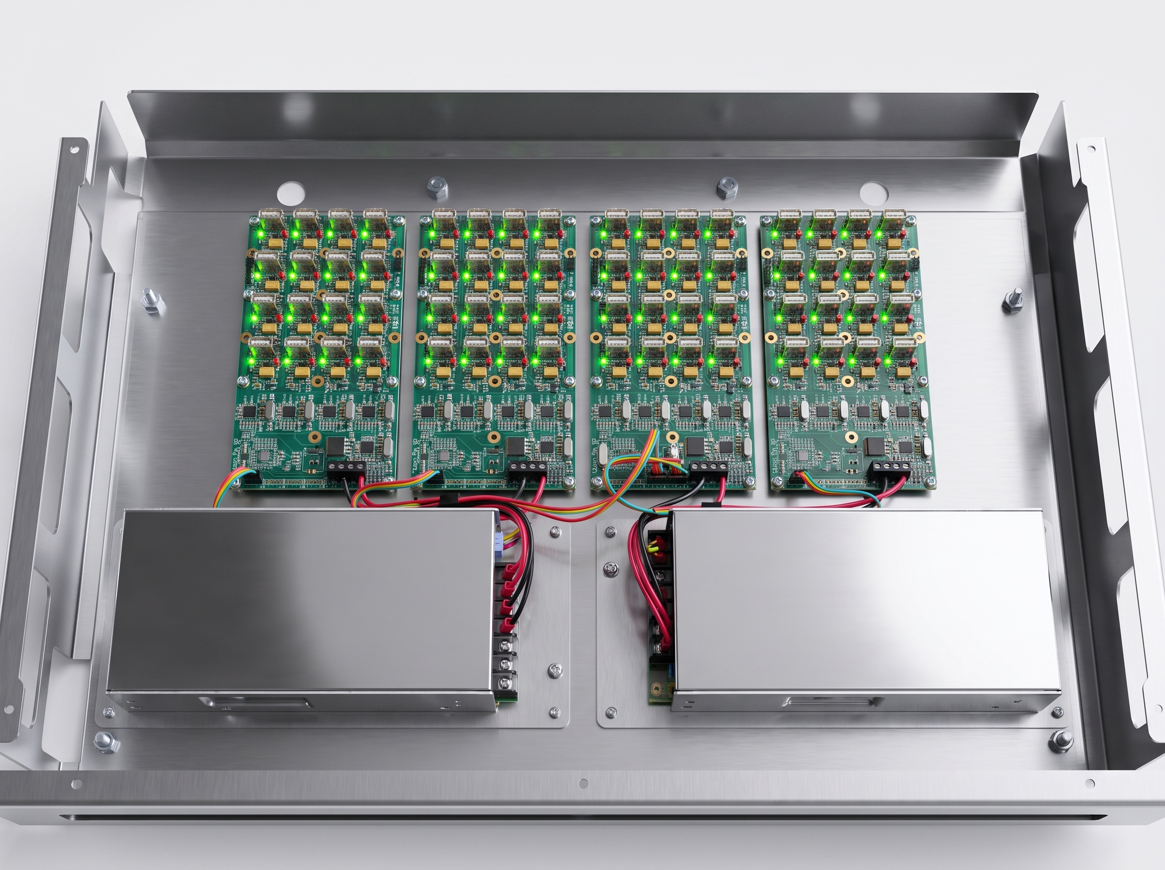 Four USB charge and sync circuit boards integrated into a metal chassis