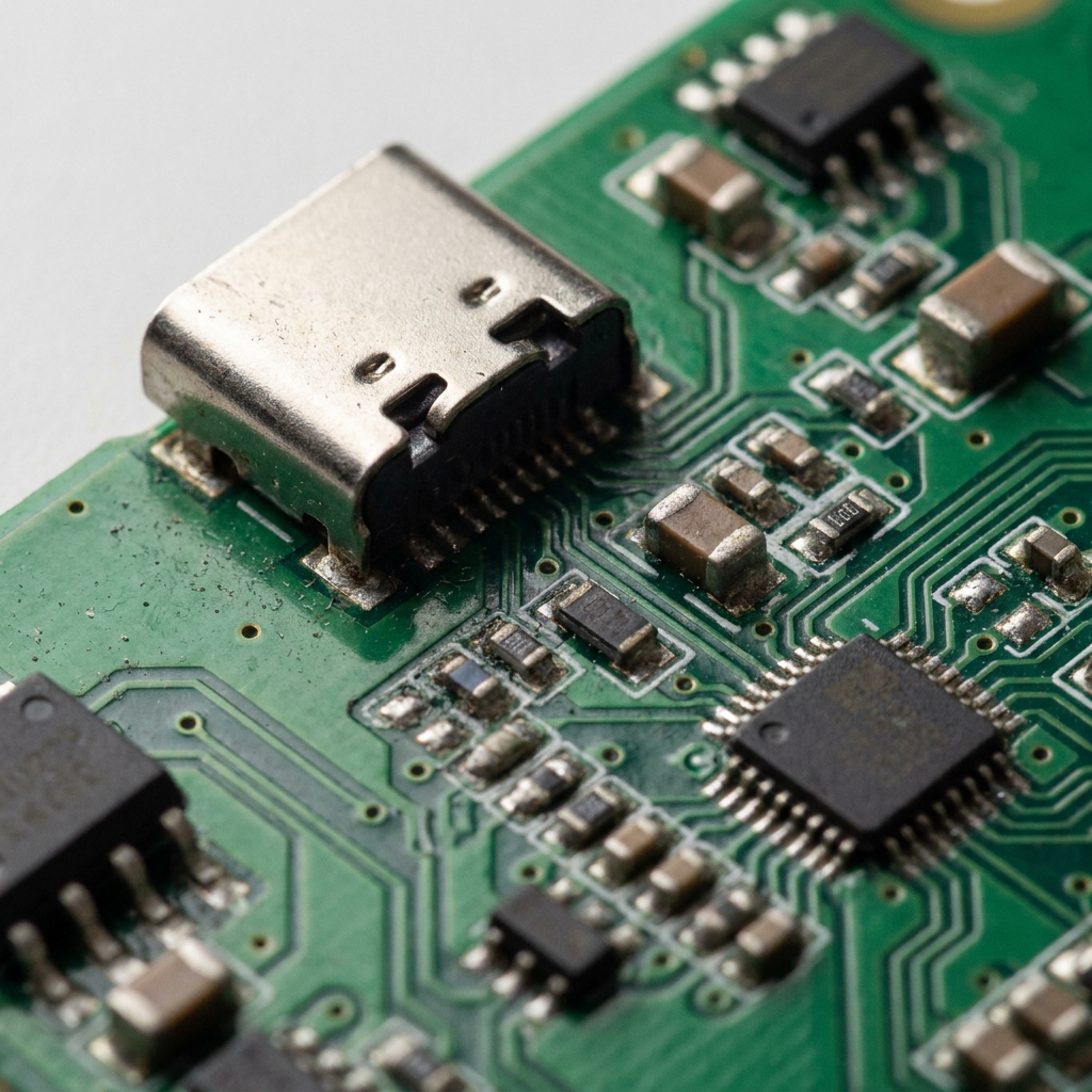 Close-up of a USB-C connector on an electronic circuit board