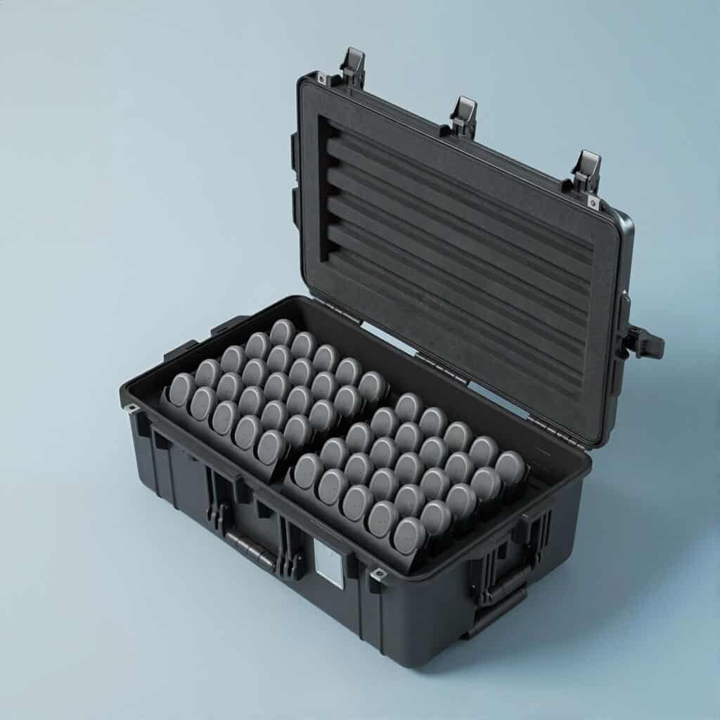Open rugged charging case holding multiple wearable sensors